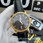 Clone Omega De Ville SS Gold Bezel Black Dial With Leather Strap Watch 42mm
